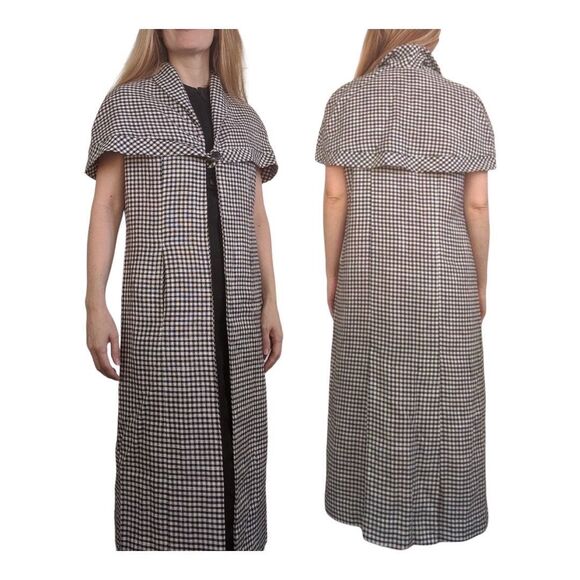 Vintage 60s Mod Black White Gingham Cloak Cape Red Lining S - Picture 1 of 8